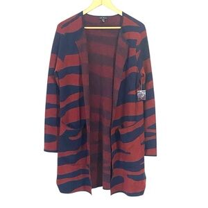 NWOT Tribal Blue and Red Zebra Print Open Front long Cardigan XS oversized